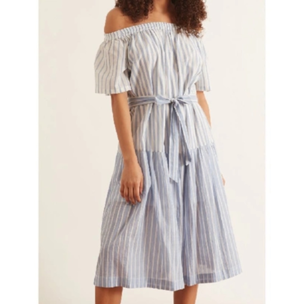 Mii Collection Les Rayures Off Shoulder Tie Waist Striped Midi Dress